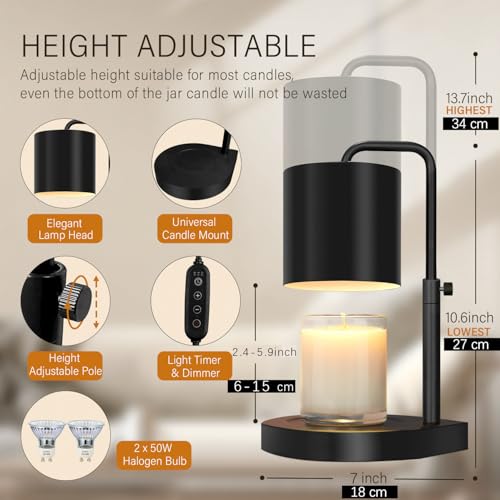 zukakii Candle Warmer Lamp Adjustable Height Dimmable with Timer Large Jar Candles Compatible - No Flame Scented Wax Warme...
