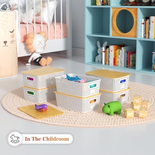 Ohmlove Plastic Storage Baskets With Bamboo Lid - Plastic Storage Containers Stackable Storage bins: Storage Baskets for O...