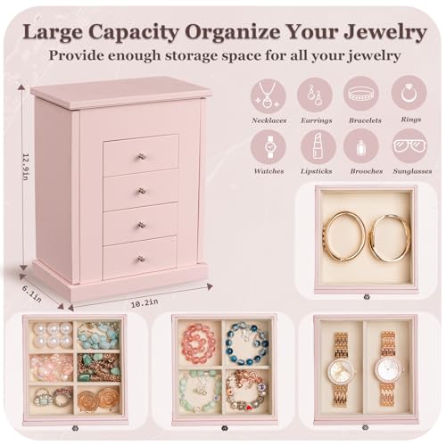 Emfogo Jewelry Boxes for Women, 5-Layer Large Leather Jewelry Organizer Box with Mirror and Drawers, Jewelry Storage for N...