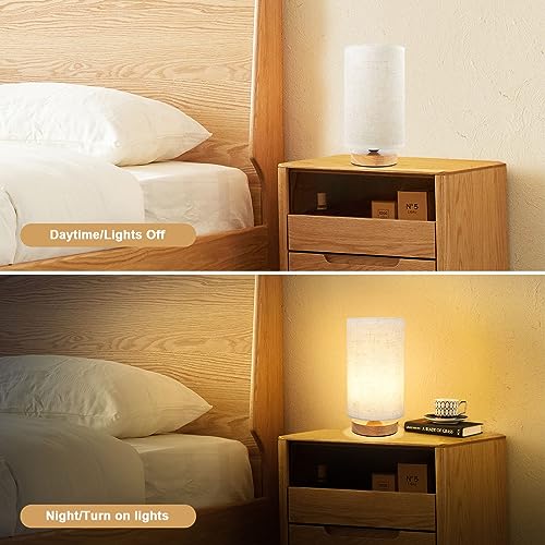 Small Bedside Table Lamp for Bedroom, Minimalist Wood Base & Round Fabric Shade, Mini Cute Cozy Warm White Nightstand Boho...