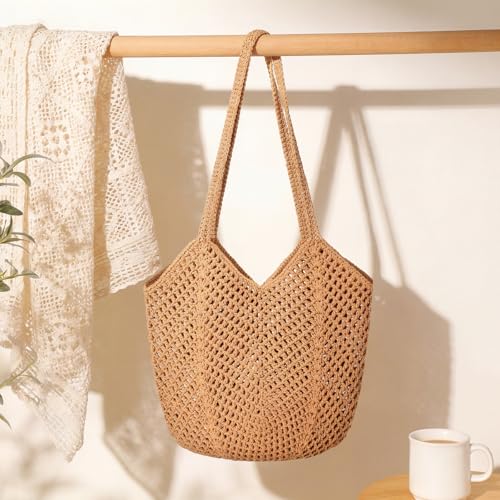Crochet Tote Beach Bags for Women, Mesh Beach Tote Knit Bag, Summer Vacation Aesthetic Boho Hobo Shoulder Bag