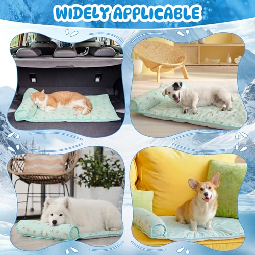DoubleFill 4 Pack Cooling Dog Mats with Supportive Pillow 15.7" x 23.6" Self Cooling Dog Pads Ice Silk Washable Pet Cool M...