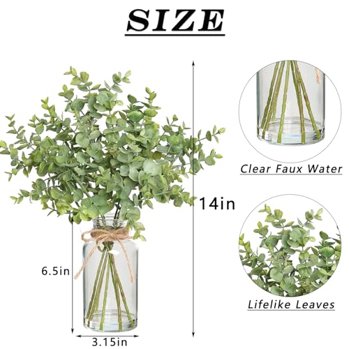 Zheart Fake Eucalyptus Stems in Glass Vase with Faux Water,14" Artificial Plants Eucalyptus Leaves for Shelf Desk Bathroom...