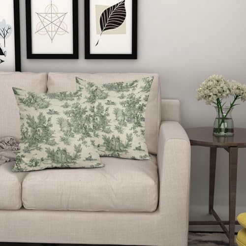 Green Toile Pillow Covers 18x18 Inch Set of 2 Olive and Beige French Country Cotton Linen Decorative Throw Pillow Case Cot...