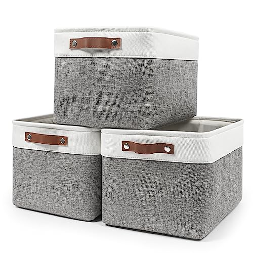 Bagnizer Storage Bins Large Fabric Storage Baskets for Shelves 3 Pack, Decorative Linen Closet Baskets with Handles for Or...