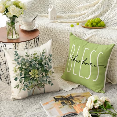 AVOIN Colorlife Home Sweet Home Eucalyptus Leaves Green Throw Pillow Covers, 18x18 Inch Spring Summer Seasonal Decorations...