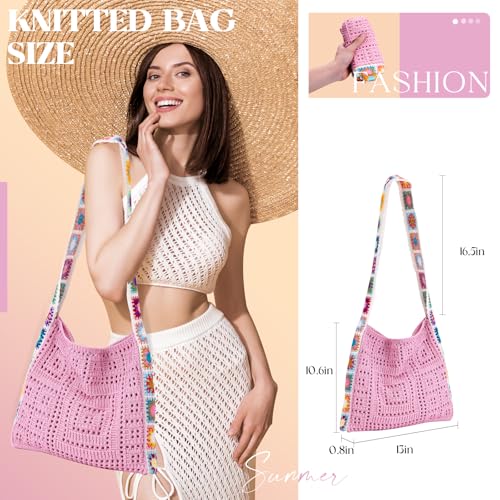 Crochet Beach Tote Bag Summer Vacation Hobo Tote Knit Bags for Women Mesh Woven Travel Crochet Purse Aesthetic Bag