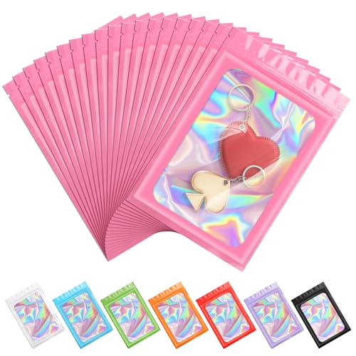 ANZNKU 100 Pack Holographic Mylar Bags, Smell Proof Sealable Packaging Bags with Clear Window for Small Business, Resealab...