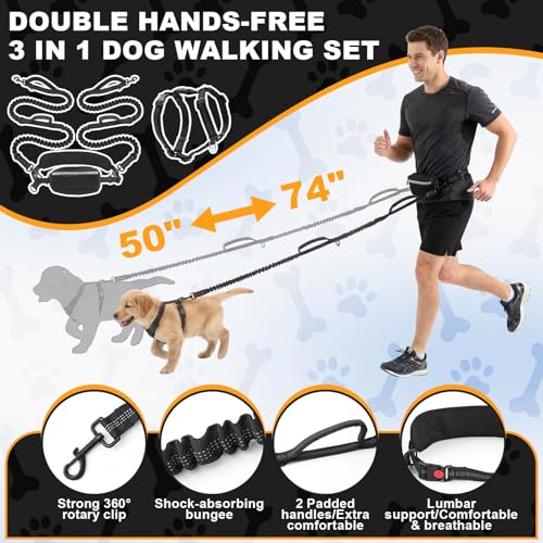 Aliceset Hands Free Double Dog Leash for 2 Dogs, with 2 Adjustable Harnesses + 2 Bungee Leashes + Waist Bag, Dual Handles...