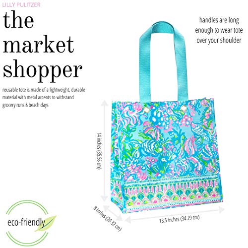 Lilly Pulitzer Blue/Green Market Shopper Bag, Reusable Grocery Tote with Comfortable Shoulder Straps, Aqua La Vista
