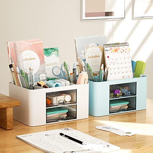 Marbrasse Pen Organizer with 2 Drawer, Multi-Functional Pencil Holder for Desk, Desk Organizers and Accessories with 5 Com...