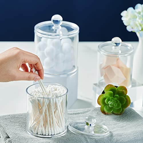 SheeChung Clear Acrylic Qtip Holder with Labels–Shatterproof Plastic Apothecary Jars for Bathroom Organization–Vanity Cott...