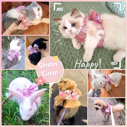 UETZLTB Cute Dog Harness and Leash Set with Bow Tie Soft Mesh Plaid Girl Puppy Harness No Pull Pet Cat Dog Vest Harness fo...