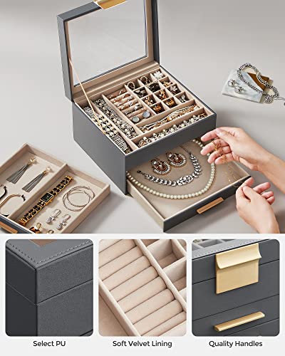 SONGMICS GISELLA Collection - Jewelry Box Organizer, 3-Layer Jewelry Storage with 2 Drawers, Shiny Metal Hardware, Glass L...