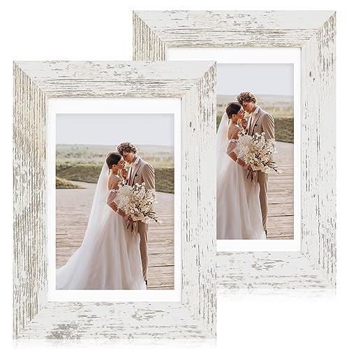 Hongkee 5x7 Picture Frame Set of 2, Made of Real Glass and Distressed White Wooden Frame - Display Pictures 4x6 with Mat o...