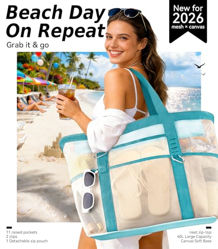 Yeendibo 2026 Chic & Spacious XX-Large Beach Bag for Women — Mesh × Canvas Tote with Top Zipper, 11 Pockets, Detachable Po...