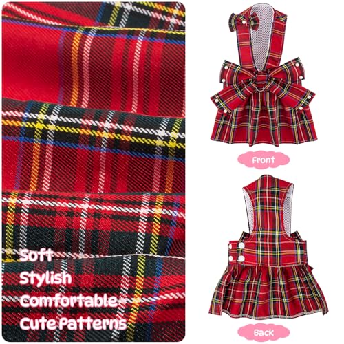 Plaid Dog Dresses for Small Dogs Girl Bowknot Harness Leash Set, Cute Small Dog Dress Harness Dogs Cat Clothes Female with...
