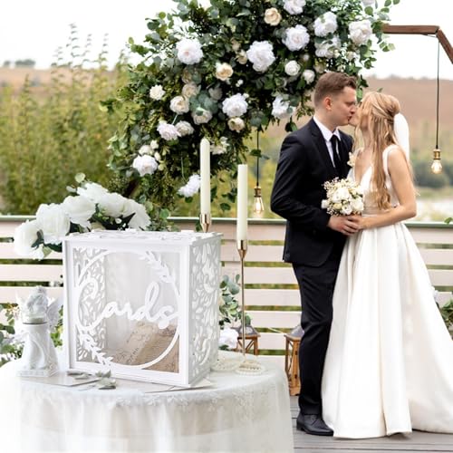 OurWarm White Wedding Card Box for Receptions, PVC Gift Card Box for Wedding with Acrylic Windows, Rustic Envelope Money G...