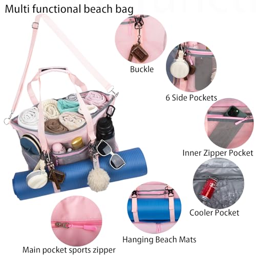 Unamujer Mesh Beach Bag with Cooler Large Travel Family Vacation Essentials Pool Swimming Zipper Pocket Durable 9 Pockets