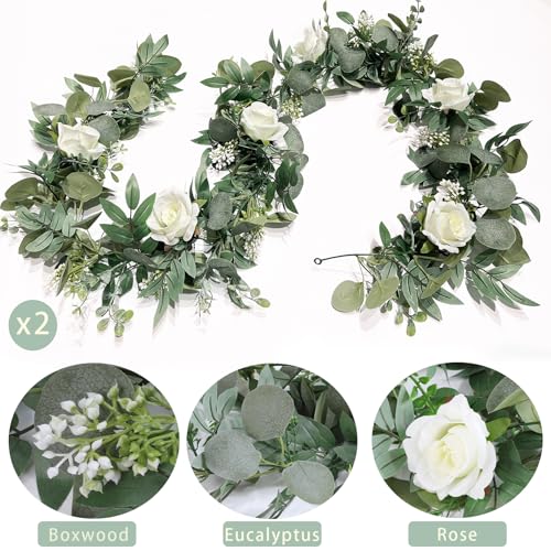 2 Pack 13Ft Artificial Spring Eucalyptus Flower Garland with White Roses, Fake Flower Greenery Floral Green Garland Vines ...