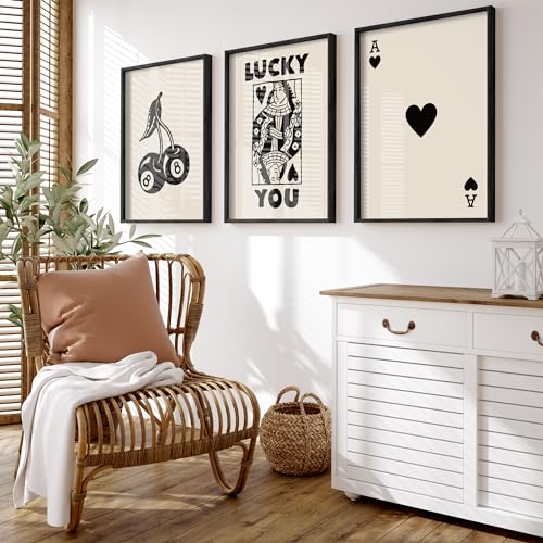 Heiple Framed Set of 3 Poker Wall Art Lucky You Poster, Trendy Retro Print Wall Decor for Queen of Hearts Wall Art Rustic ...