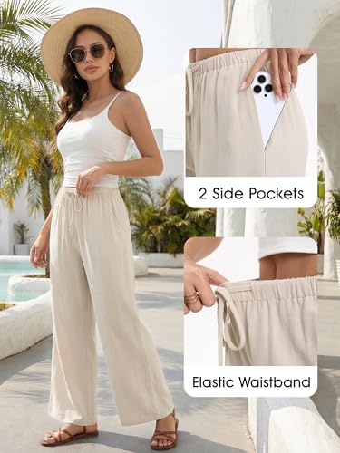 HONGTEYA Linen Pants for Women Wide Leg Palazzo Trousers Cotton Flowy Pants with Pockets for Summer Beach