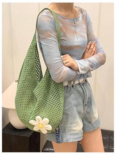 OYOANGLE Women's Floral Applique Crochet Beach Tote Bag Summer Boho Mesh Woven Tote Bag