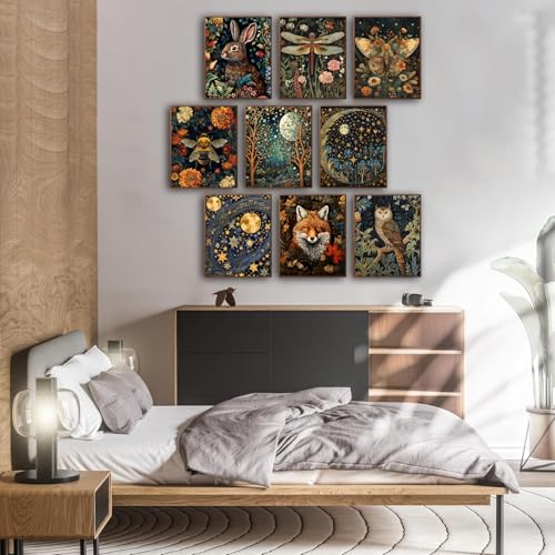 Morris Wall Paintings poster Set of 9, Vintage Rabbit Fox Starry Sky Bee Butterfly Dragonfly Poster Prints, Botanical Natu...