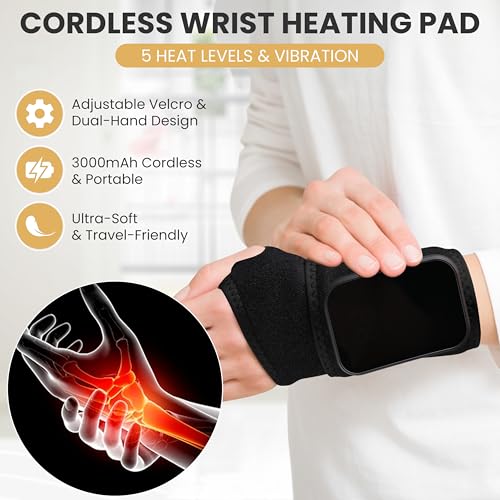 Cordless Wrist Heating Pad for Pain Relief - 5 Heat Levels & Vibration, 3000mAh Rechargeable Battery, 30min Auto-Off, Adju...