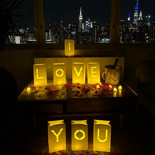 WYMM I Love You Light Up Letters with 30 Tea Lights Candles and 1000 Red & Pink Rose Petals - Luminary Bags for Anniversar...