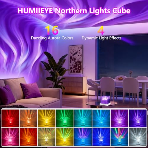 HUMIIEYE Northern Lights Projector, 1800mAh Battery Operated Aurora Night Light Cube, 16 Color, Remote Mood Lighting Galax...