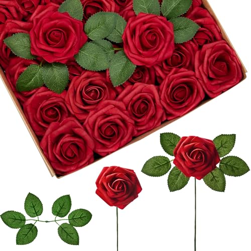 InnoGear Artificial Flowers, 50 Pcs Dark Red Foam Fake Roses Bulk with Stems for Mother's Gift Decoration Celebration DIY ...