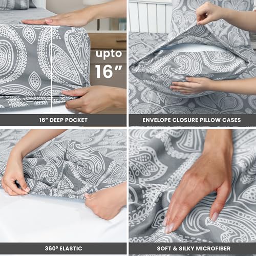 Ultra Soft Wrinkle-Free Microfiber Paisley Twin Sheet Set, Cute Floral Pattern Boho Print – 16" Deep Pocket Fitted Sheet, ...