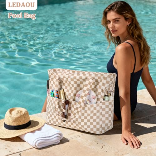 LEDAOU Large Beach Bag Women Waterproof Sandproof Zipper Beach Tote Pool Bag for Swim Gym Grocery Travel with Wet Pocket |...