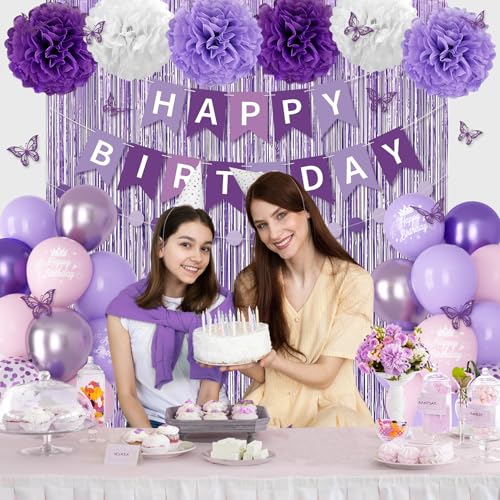 Purple Birthday Decorations for Women Girls, Lavender Pink Confetti Metallic Printed Balloons Butterfly Stickers Fringe Cu...