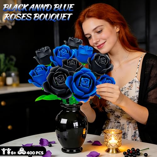 Sitodier 2 in 1 Flower Bouquet Building Set, 5pcs Black and 5pcs Blue Roses for Women Gilrs, Valentine's Day Gift for Love...