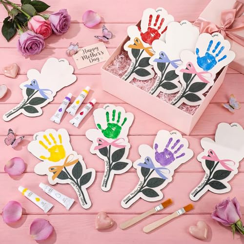 Yousoontic 24 Sets Mother's Day Handprint Kit Unfinished Wooden Flower with Acrylic Paints & Brushes DIY Handmade Gifts fr...
