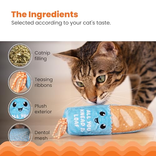 Catstages Loaf Kicker Toy with Catnip and Dental Mesh, Bread Shape, Plush and Ribbon Cat Toy for Kicking, Tossing, and Tee...