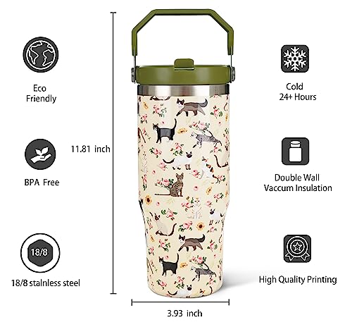Exacmos 30oz Floral Cat Tumbler with Handle and Straw, Stainless Steel Vacuum Insulated Coffee Tumbler, Travel Mug Water B...