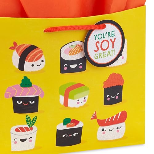 Hallmark 7" Medium Horizontal Gift Bag with Tissue Paper and Gift Tag (Sushi, You're Soy Great!) for Birthdays, Graduation...