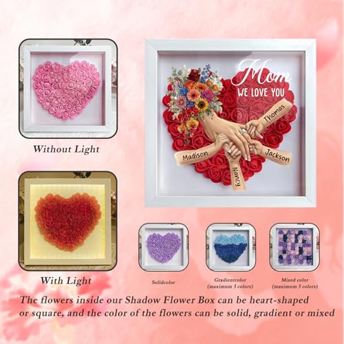 Personalized Mommy Holding Hands Flower Shadow Box with Ring and Manicure, Custom Kids Names Floral Heart Led Light Frame,...
