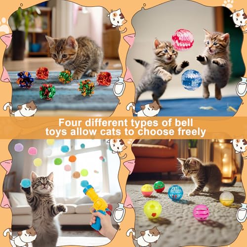 Zopeal 64 Pcs Easter Cat Toy Gift Set Magic Cat Scratcher Board Ball Launcher Gun Crinkle and Yarn and Plastic Bell Ball K...