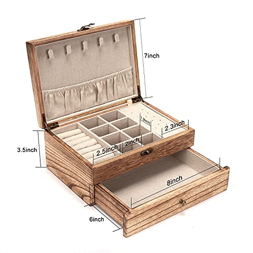 Pinzoveco Jewelry Box for Women, Rustic Wooden Jewelry Organizer Box for Storage Earrings Rings Necklace Bracelet, Farmhou...