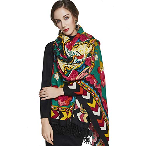 DANA XU 100% Merino Wool Pashmina Shawl for Women 96"x43", Oversized Cashmere Wrap with Tassels, Floral Travel Blanket Cape