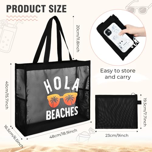 KUIRAN 30L Large Beach Bag with Pouch Foldable Sandproof Lightweight Mesh Tote Bag with Two Pockets for Swimming Travel