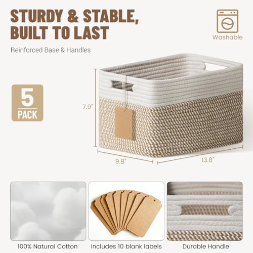Yilobi 5 Pack Woven Storage Baskets for Shelves, Decorative Basket Organizer Storage Bins for Toys, Books, Clothes, Close...