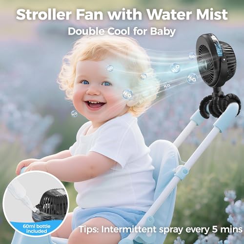2026 Upgraded Misting Baby Stroller Fan Rechargeable, Flexible Tripod Clip for Car Seat Crib, Baby Shower Gifts & Baby Reg...