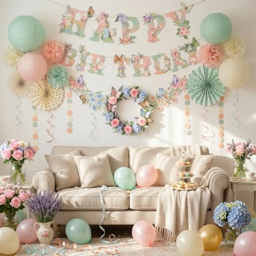 Sage Green Blush Pink Birthday Decorations,Flower Butterfly Happy Birthday Banner, Wildflower Garland,Paper Lanterns Tissu...