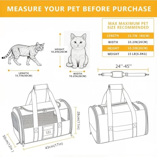 SECLATO Cat Carrier Pet Dog Carrier Airline Approved for Puppy Kitten Carriers Under 15lb, Collapsible Soft Sided TSA Appr...