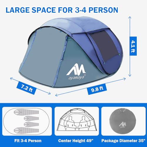 4 Person Pop Up Tents for Camping - AYAMAYA Upgraded Large Size & Skylight & Removable Rainfly & 2 Doors & Waterproof Inst...